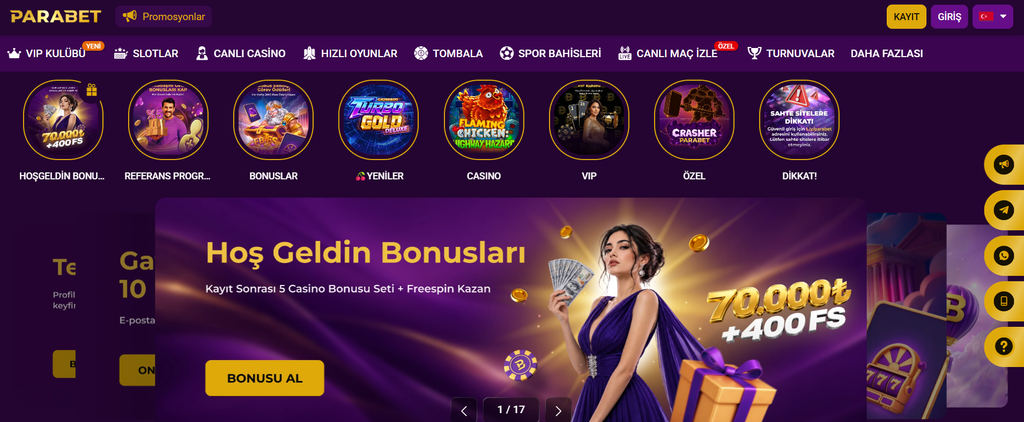 Parabet ana menüsünde spor bahisleri, slot ve canlı casino bölümleri