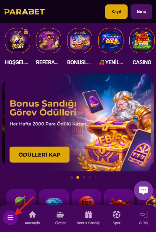 Parabet mobil sitesinin ana sayfası ve gezinme menüsü